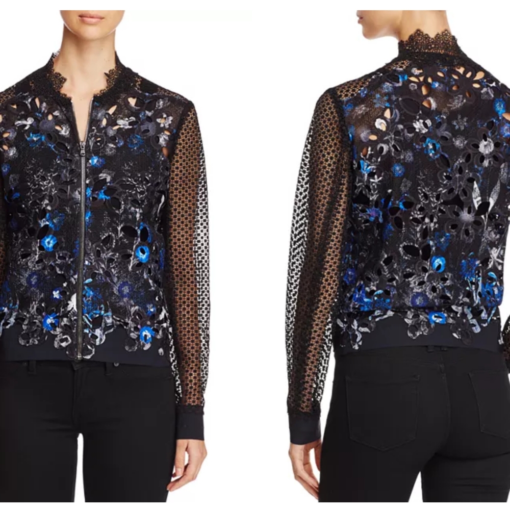 Elie Tahari Black and Blue Lace Floral Bomber Jacket Size XS